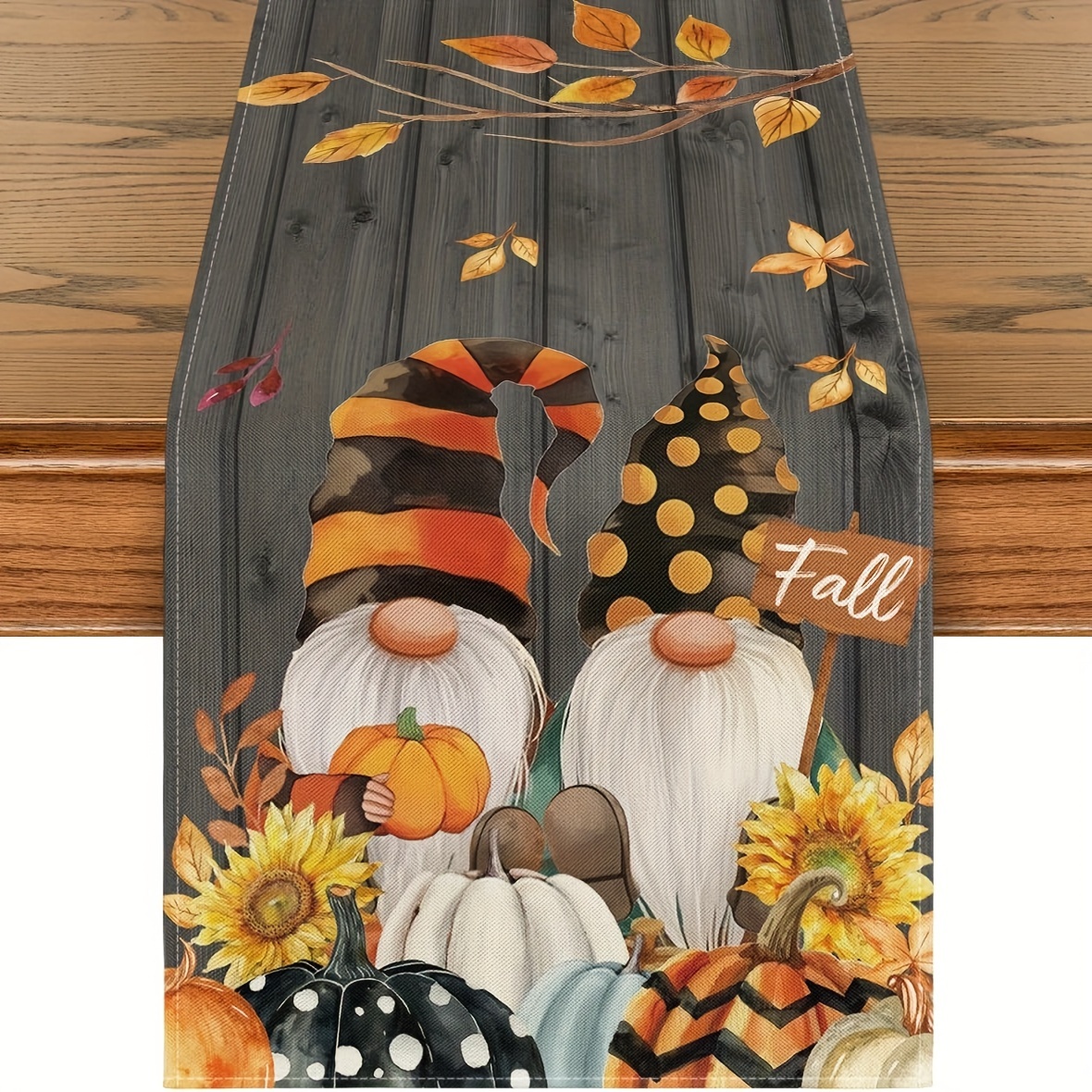 TEMU 1pc, Fall Gnomes Pumpkins Sunflower Thanksgiving Table Runner, Seasonal Harvest Vintage Kitchen Dining Table Decoration For Indoor Outdoor Home