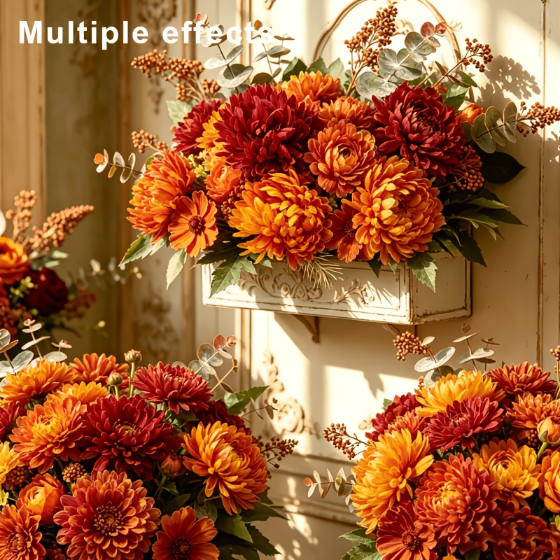 TEMU 1 Artificial Flower Bouquet With 7 Chrysanthemum Heads And Crabgrass Stems, Uv-resistant For Outdoor And Indoor Use. Suitable For Thanksgiving,