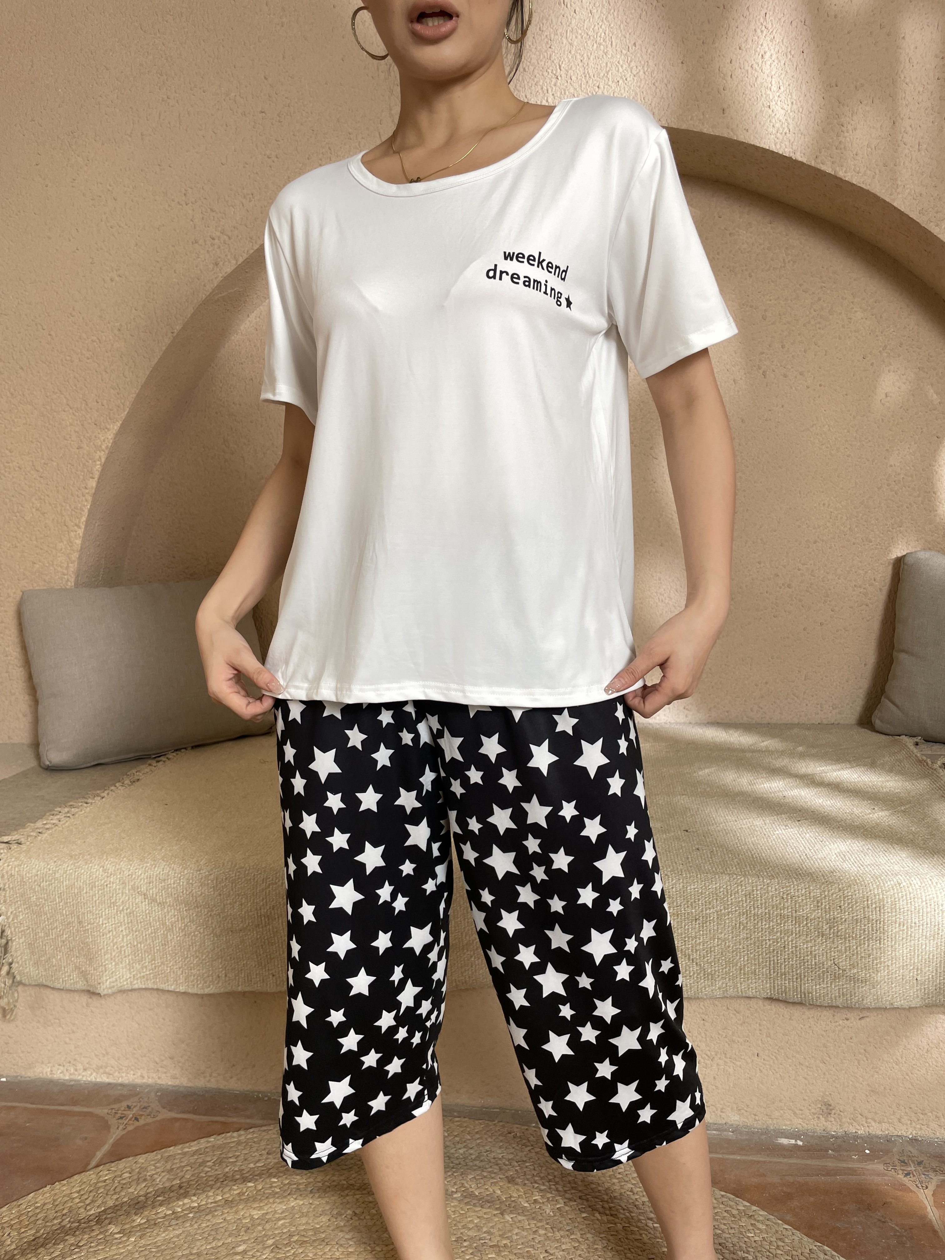  Sleepwear Womens Short Sleeve Pajama Set Printed Pajama For Women  Capri Set Nightwear TZ001-White-XL