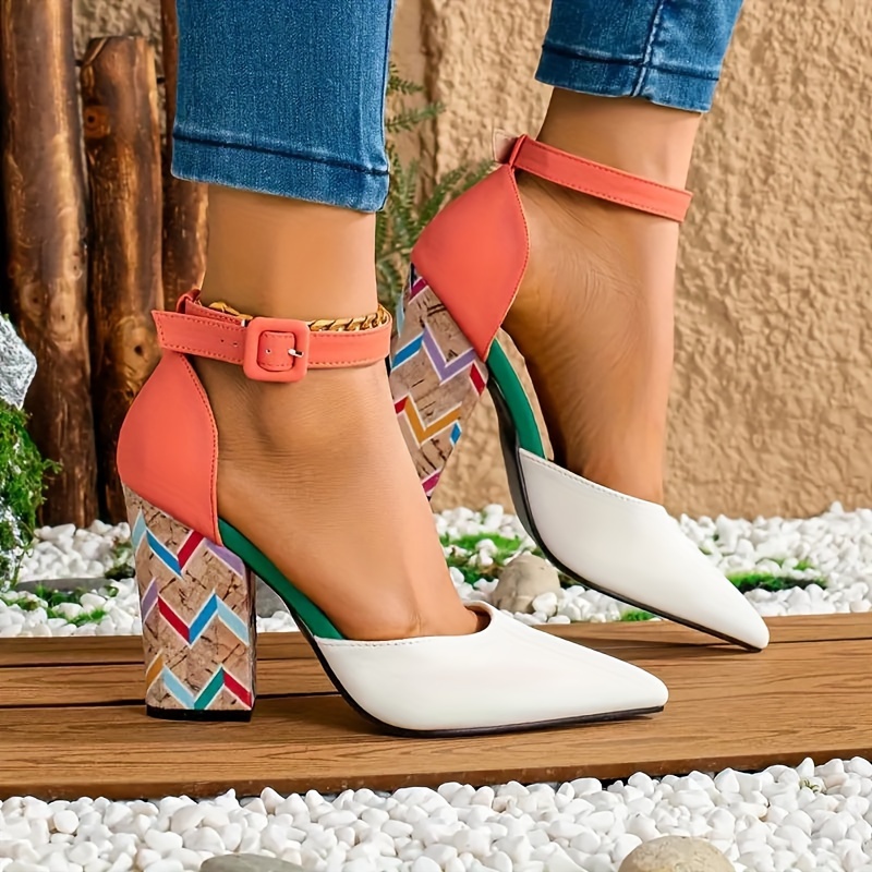 

Women's Colorblock Elegant Sandals, Tribal Strappy Ankle Hollow Out Chunky Heels, Point Toe Summer Dressy Shoes