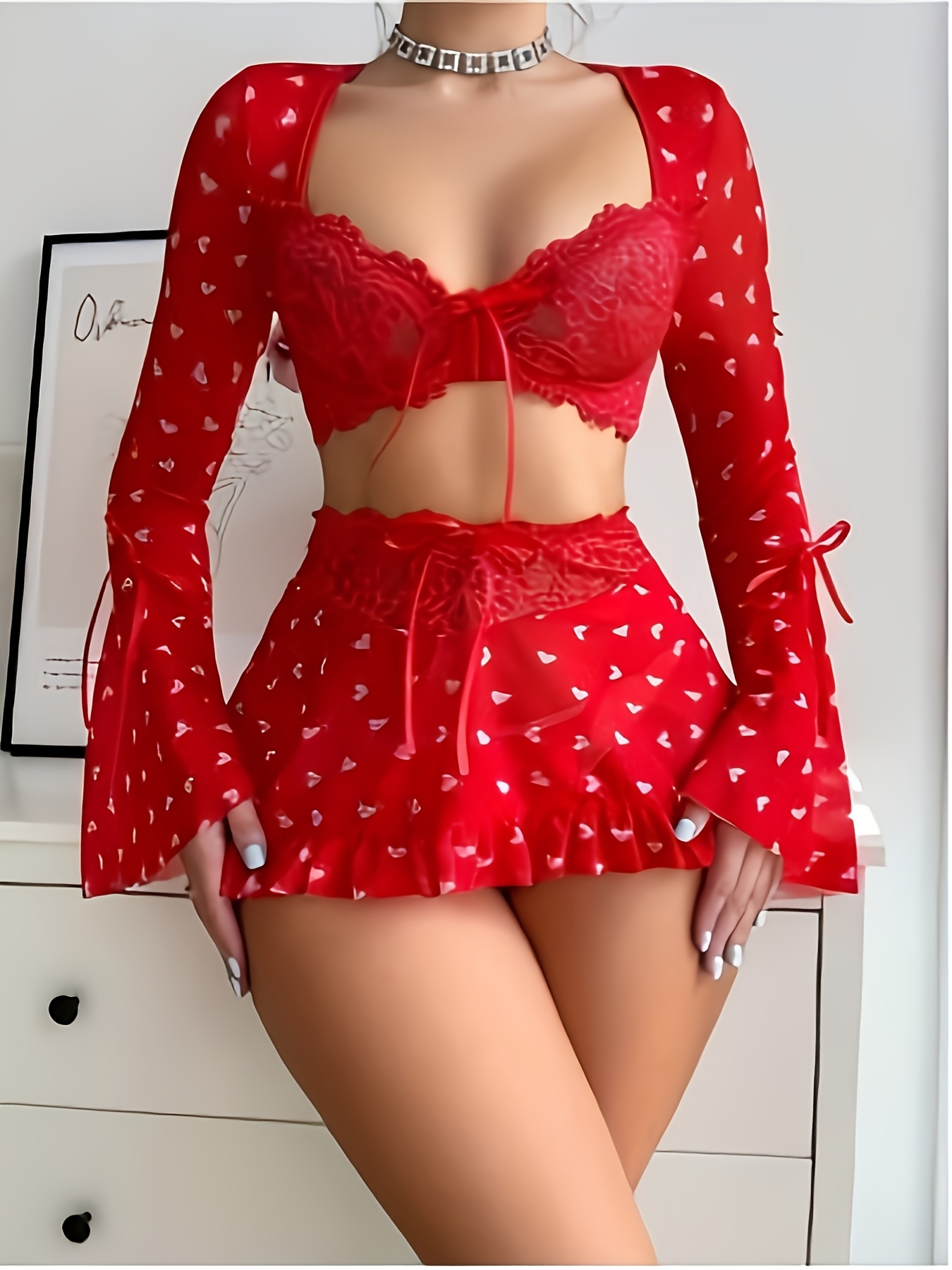 3 Sets Of Europe And The United States See-through Sexy Erotic Underwear Red Love Bra Short Skirt Thong Pants Three Sets to Send A Lover Gift Lover