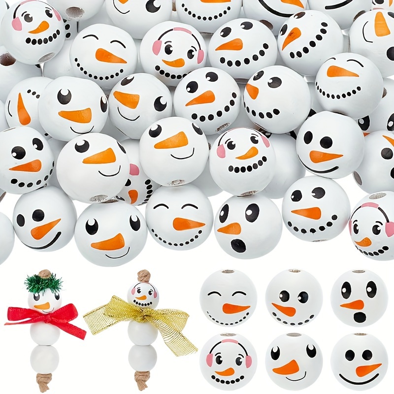 

30pcs Christmas Snowman Wooden Beads Set - 20mm White Ball Head Spacer Beads For Diy Jewelry, Farmhouse Crafts & Holiday Decorations