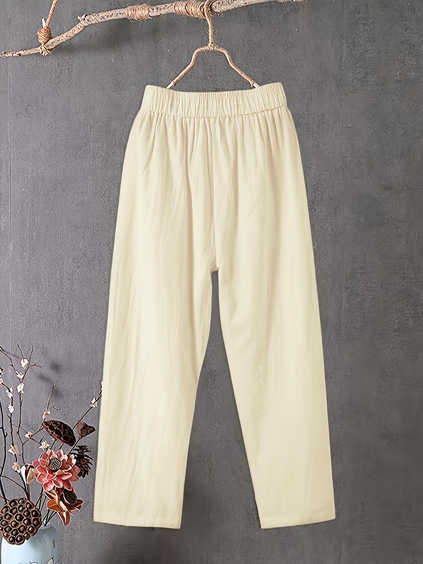 Women's Plus Size Lightweight Straight-Leg Pants - Casual White Harem Style, Elastic Waistband, Polyester, Machine Washable for Spring/Summer/Fall