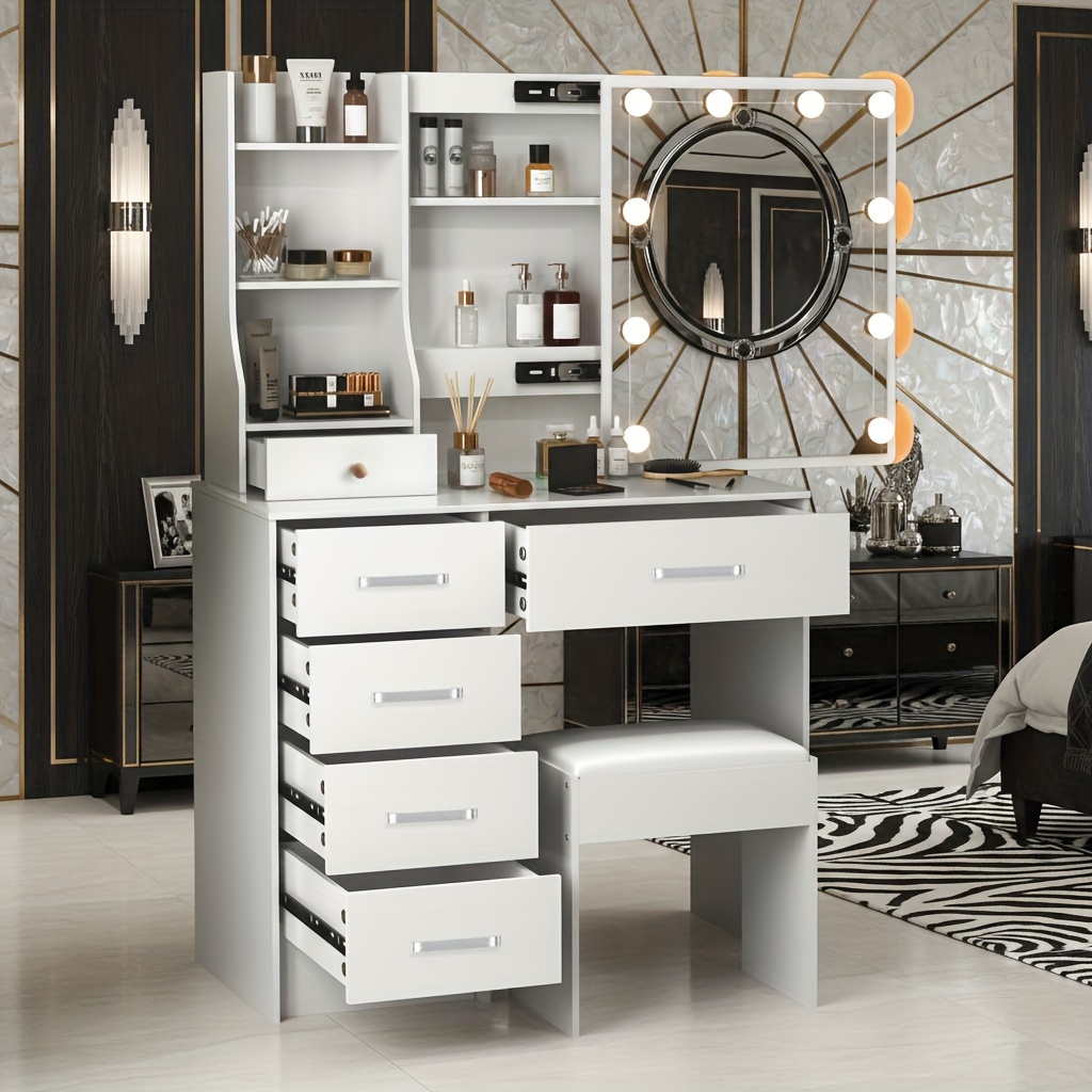 TEMU Local Warehouse Fashion Women's Vanity With Illuminated Sliding Makeup Mirror, Featuring 3 Adjustable Light And Spacious Storage Drawers. For