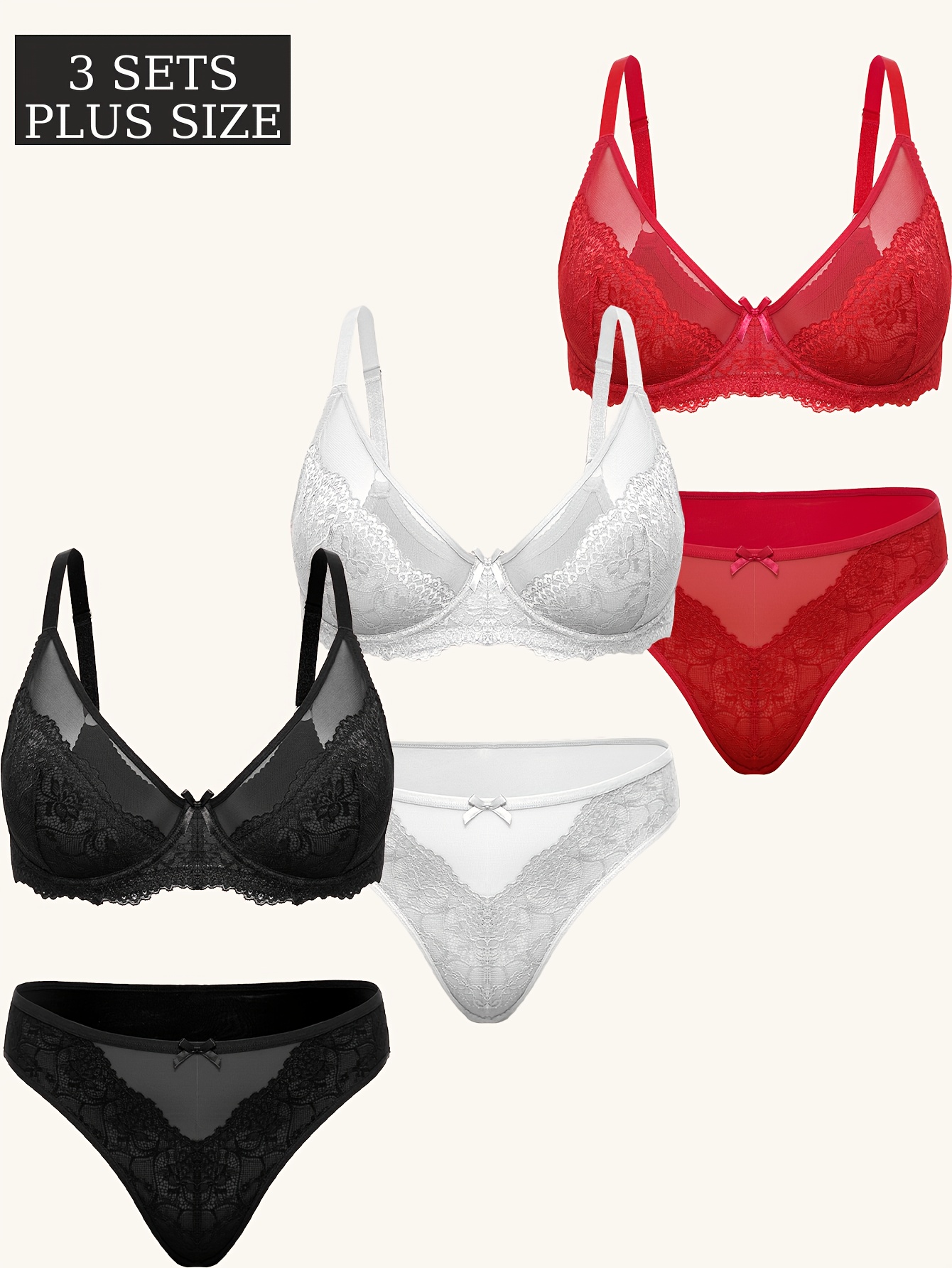 6-delig Dames Plus Size Sexy Lingerie Set, Bloemenborduurwerk Doorschijnende BH en Mesh Lage Taille Slipjes, Stalen Cirkel Lift Anti-Sag, Ademende en Comfortabele Kant BH Set met Verstelbare Bandjes en Strik Decoratie, Dagelijkse Lingerie en Slipjes