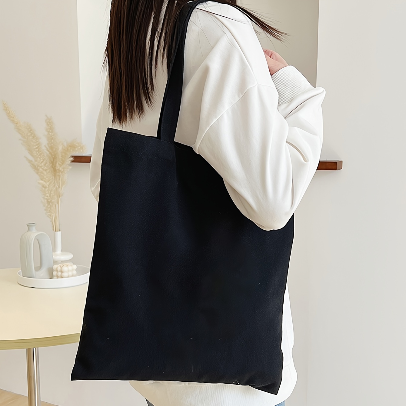 

Minimalist Solid Color Tote Bag, Aesthetic Canvas Shoulder Bag, Lightweight Grocery Shopping Bag