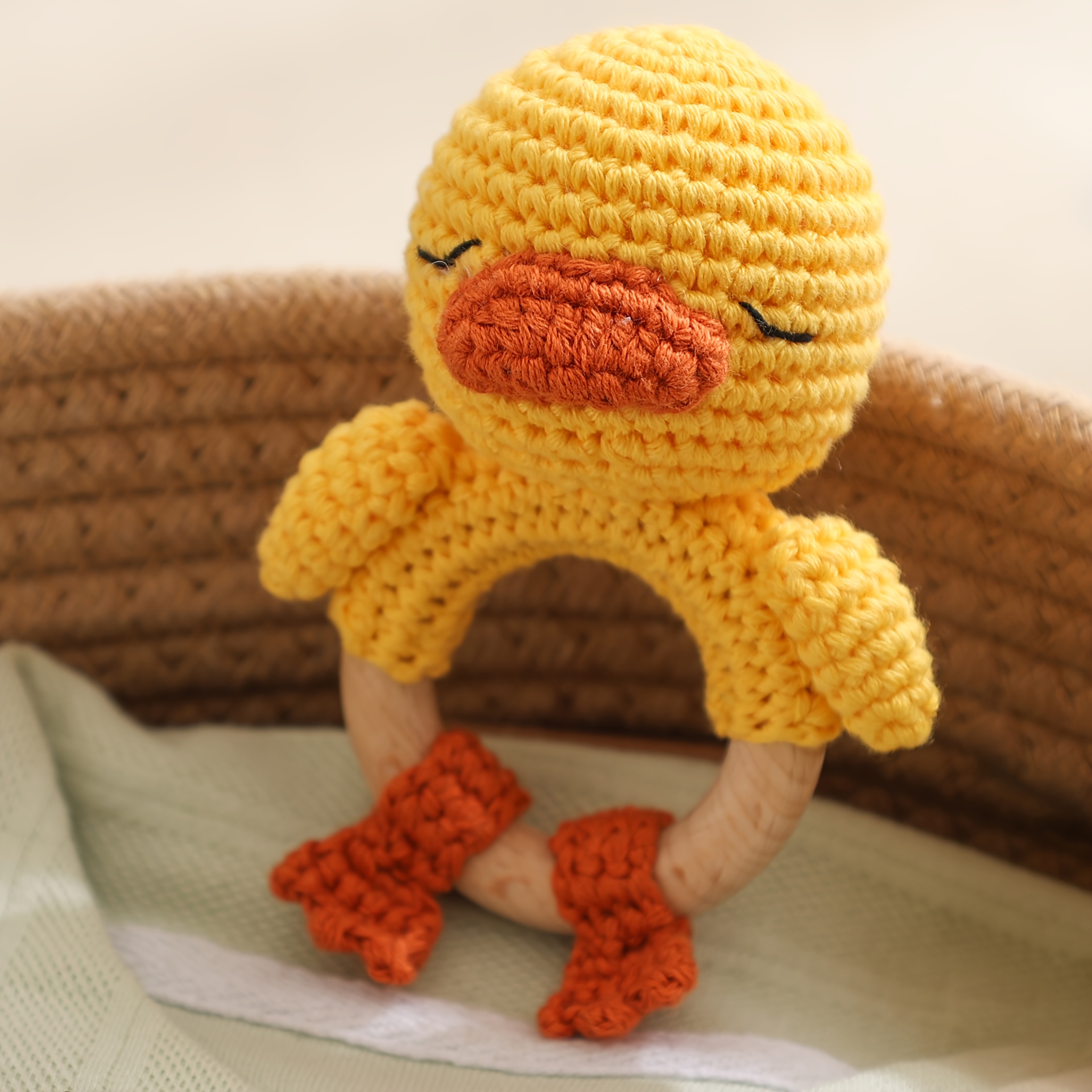 Hand-Knitted Duck Rattle with Built-In Bell