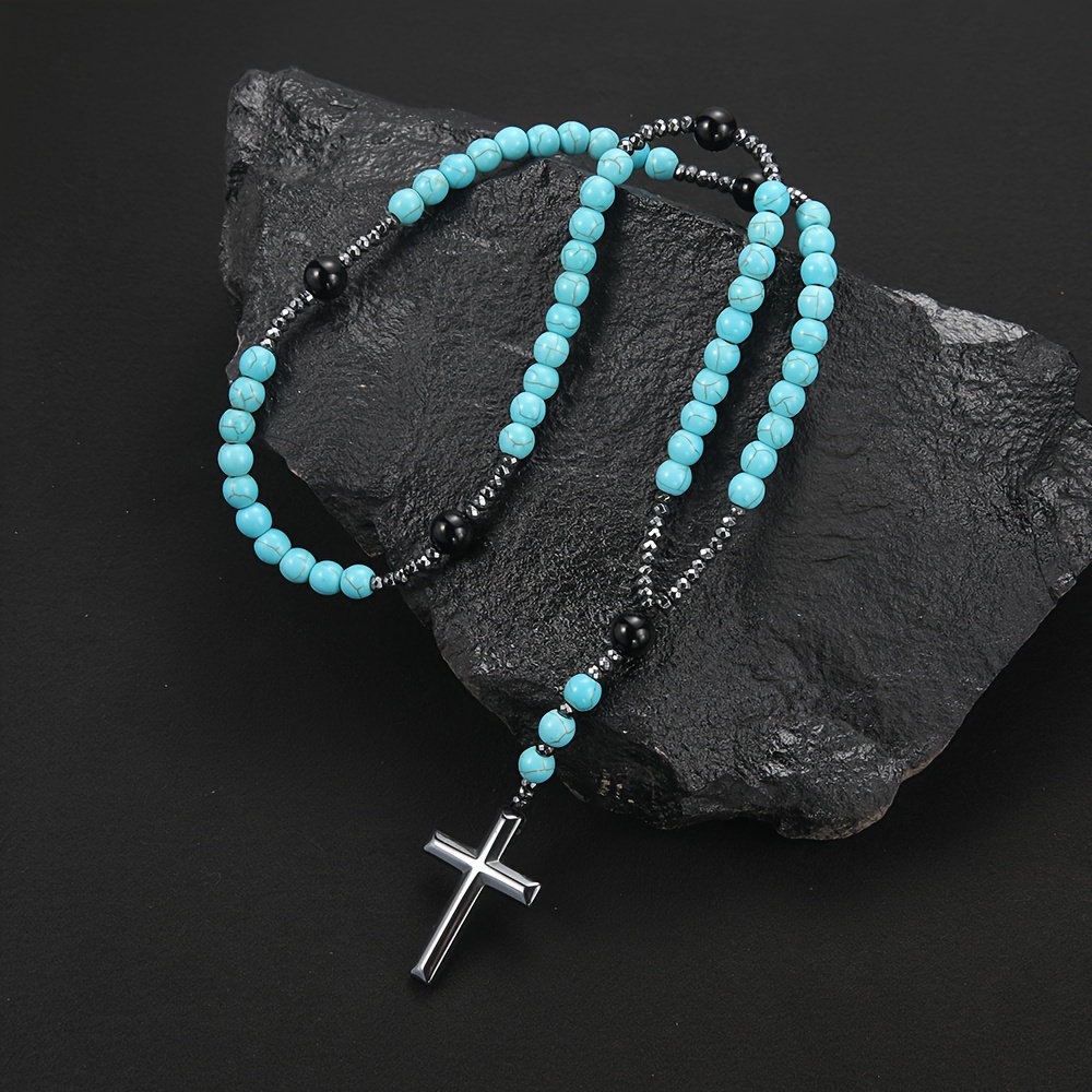 

Simple Turquoise Round Beads Cross Pendant Necklace For Women And Men, Rosary Beads Necklace