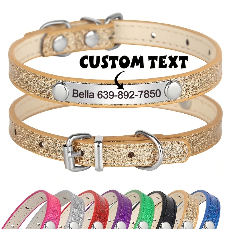 TEMU Personalized Collar With Custom Engraved Id Tag, Bling Faux Leather Pet Collar With Nameplate For Small Dogs Kittens