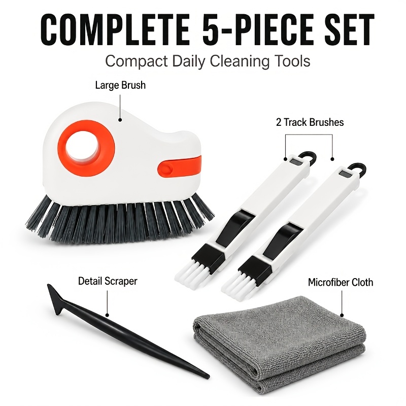 TEMU 5pcs Window Track Cleaning Kit, Crevice Brush Set With Detail Scraper And Microfiber Cloth For Sliding Door Tracks, Window , Shower Rails And