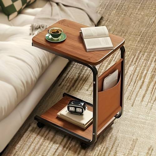 modern c shaped table with rollers space saving metal frame side table for sofa bedside bedrooms living rooms and offices convenient storage and