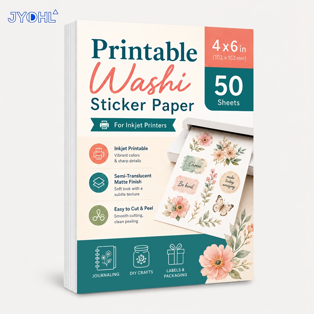 TEMU 50 Sheets 4x6 Inch Printable Washi Sticker Paper, Semi-transparent Matte Inkjet Sticker Sheets, 10.2 X 15.2 Cut & Peel Paper For Journaling,