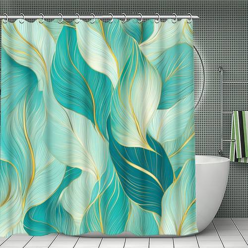 صورة العنصر 1 قطعة ستارة حمام فاخرة بلون أزرق مخضر مناسبة لديكور الحمام، خيارات متعددة الأحجام مع خطافات متضمنة (120 سم، 150 سم، 180 سم، 180 سم، 240 سم) - بعروق أنيقة لإكسسوارات الحمام