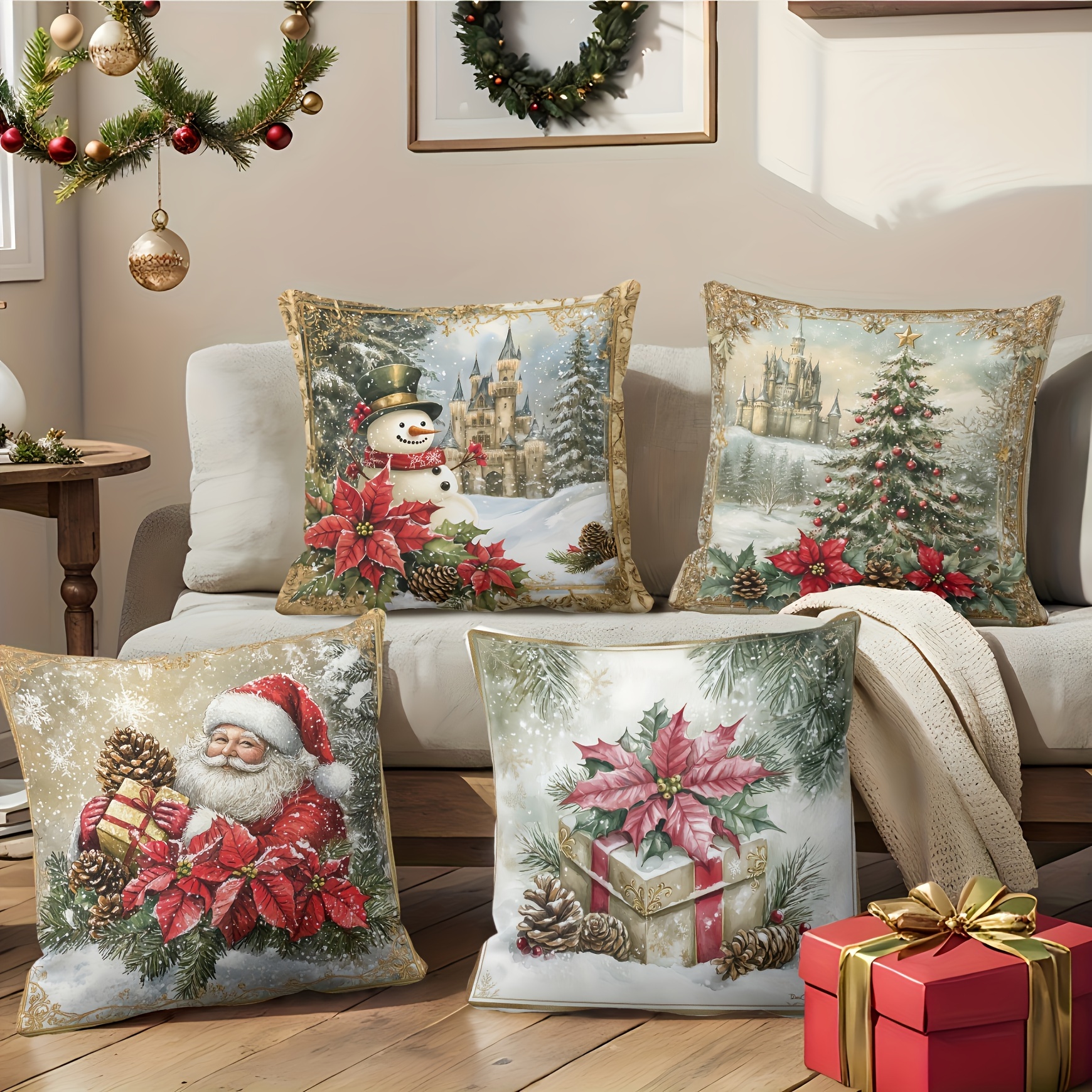 

4pcs Vintage Christmas Linen Pillowcase Set - Santa, Reindeer & Designs, 18x18 Inches With Zipper Closure - Sofa & Home Decor (inserts Not Included),