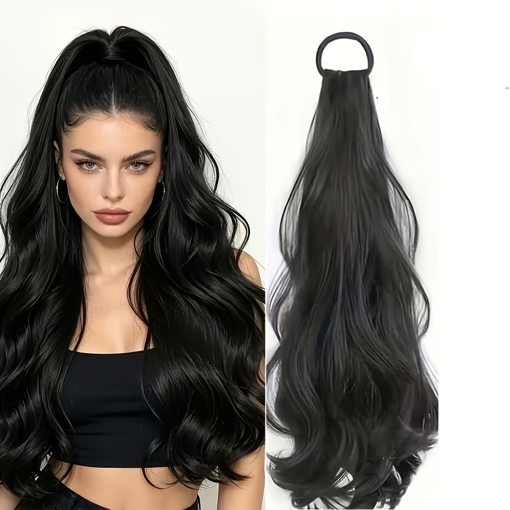 TEMU Perruque queue de cheval à grandes avec bande élastique de 22 pouces pour femme, fibre haute température, cheveux bouclés réalistes, plusieurs
