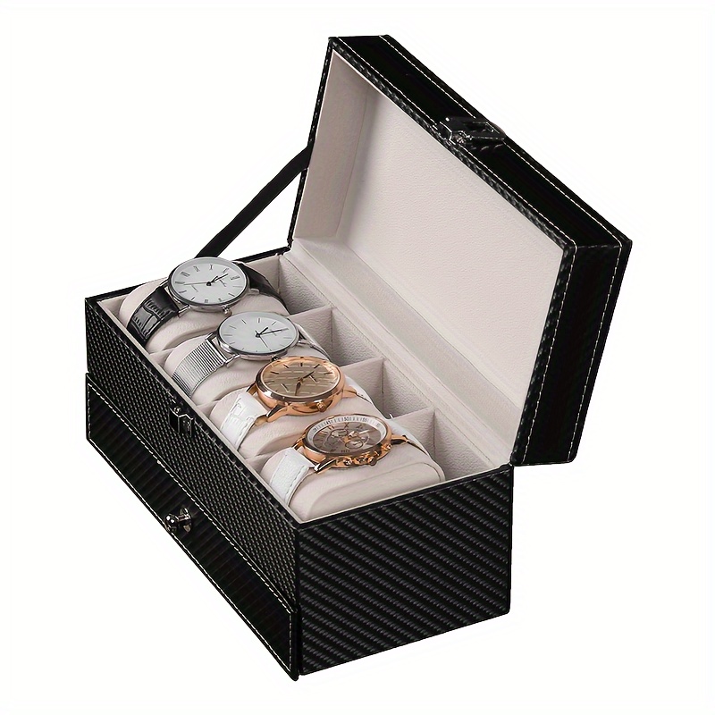 Una caja de exhibición de almacenamiento de joyas de doble capa hecha de fibra de carbono de 4 capas, con cajón de tela suave para almacenar relojes para hombres y mujeres, disponible en varias combinaciones de colores (PU interior negro, café + beige, negro + beige, negro + gris, blanco + blanco).