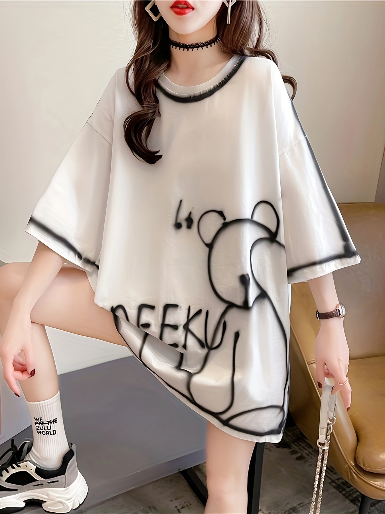 summer new large size loose fashion trend   cartoon round neck print ladies womens medium and long short sleeved t shirt clothes