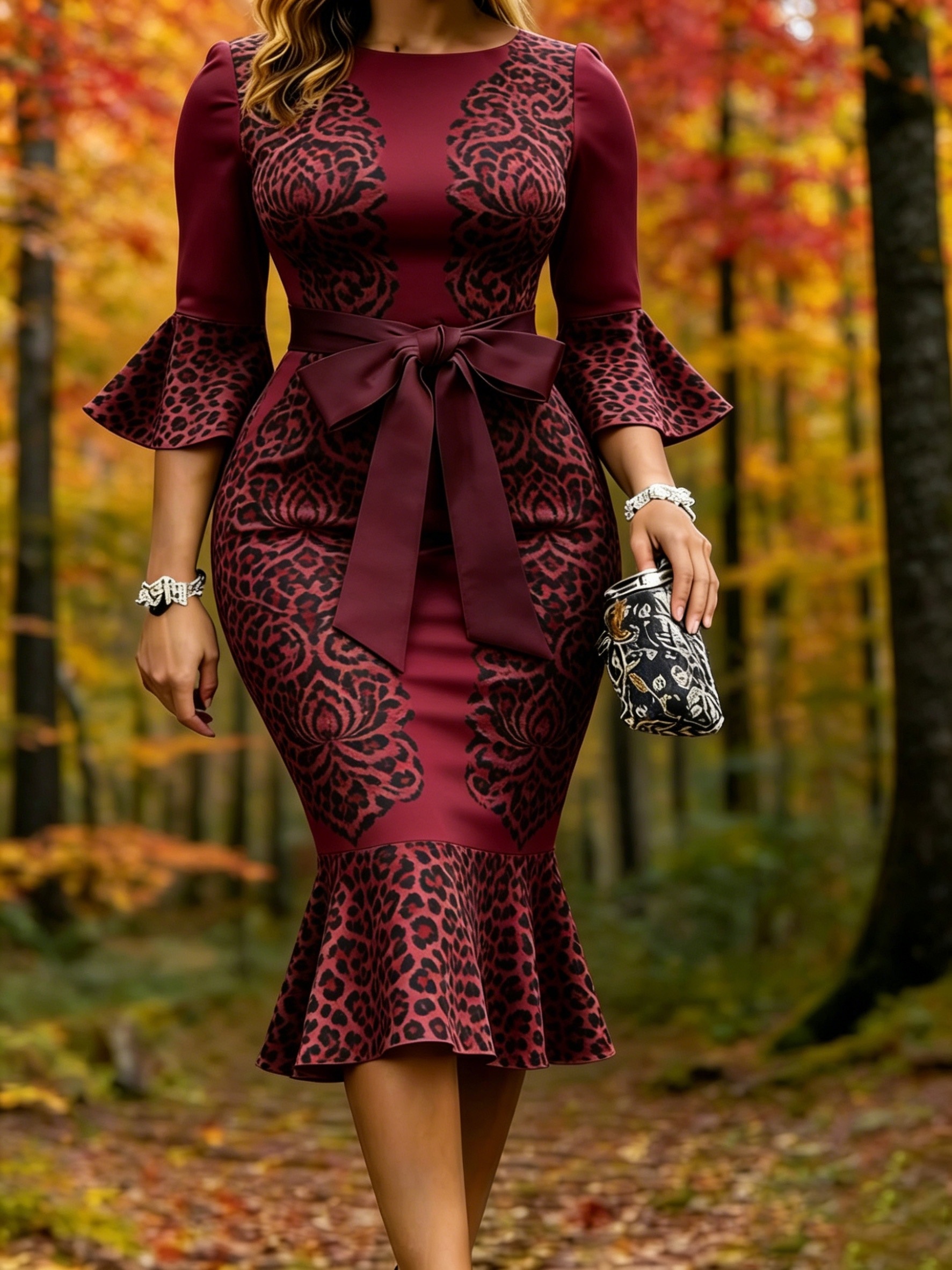women elegant flared sleeve fitted dress belt beige leopard