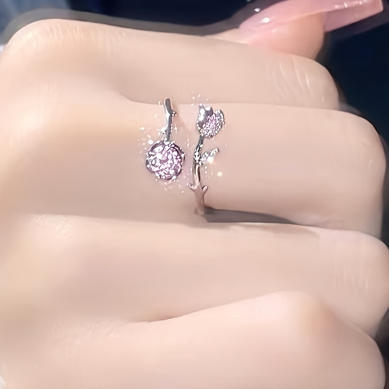 Women's Pink Dainty Adjustable Zirconia Rose Ring, Boho Style