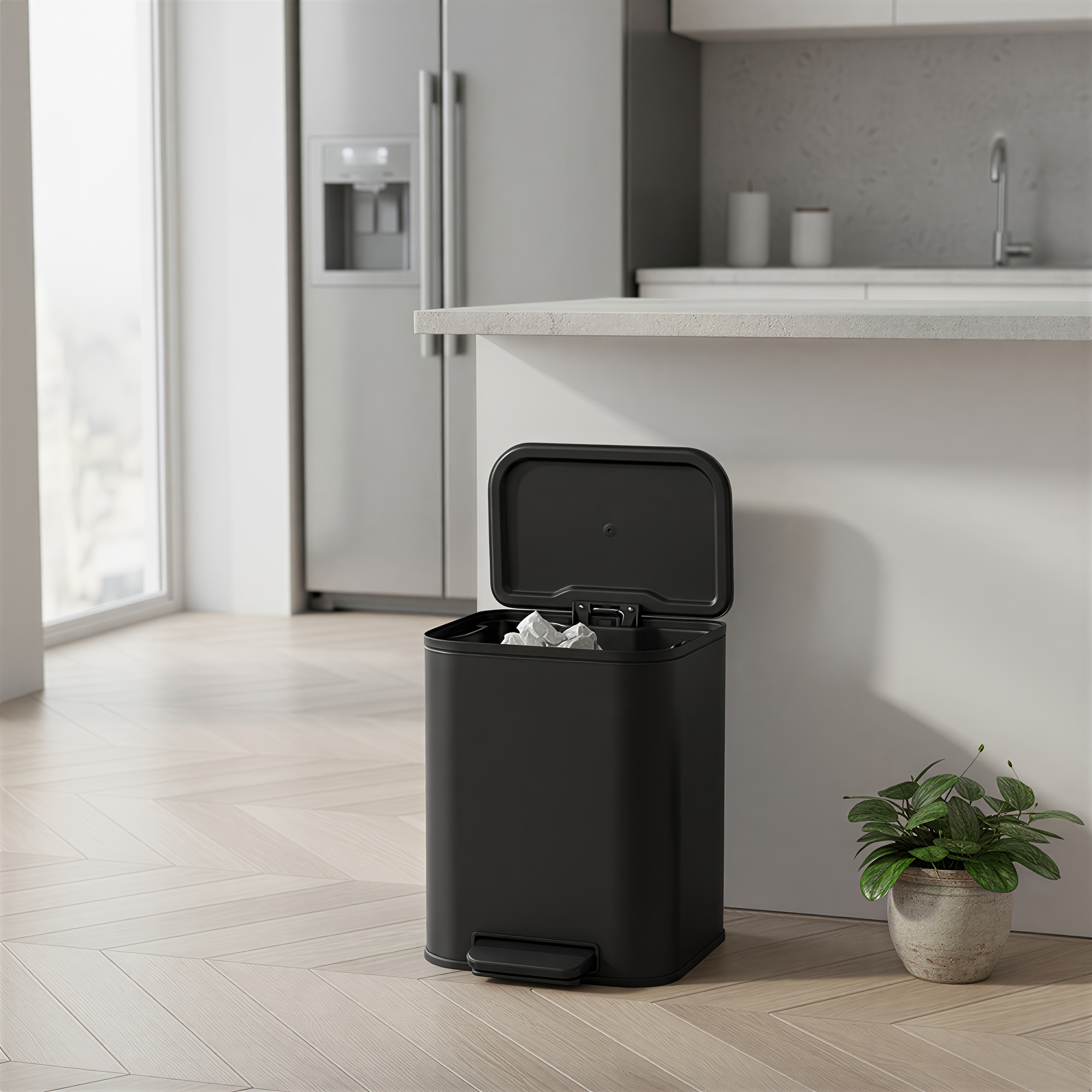 20l Trash Can With Inner Bucket | Soft Close, Pedal Bin For Kitchen, Steel, Lid, Wide Pedal, Black