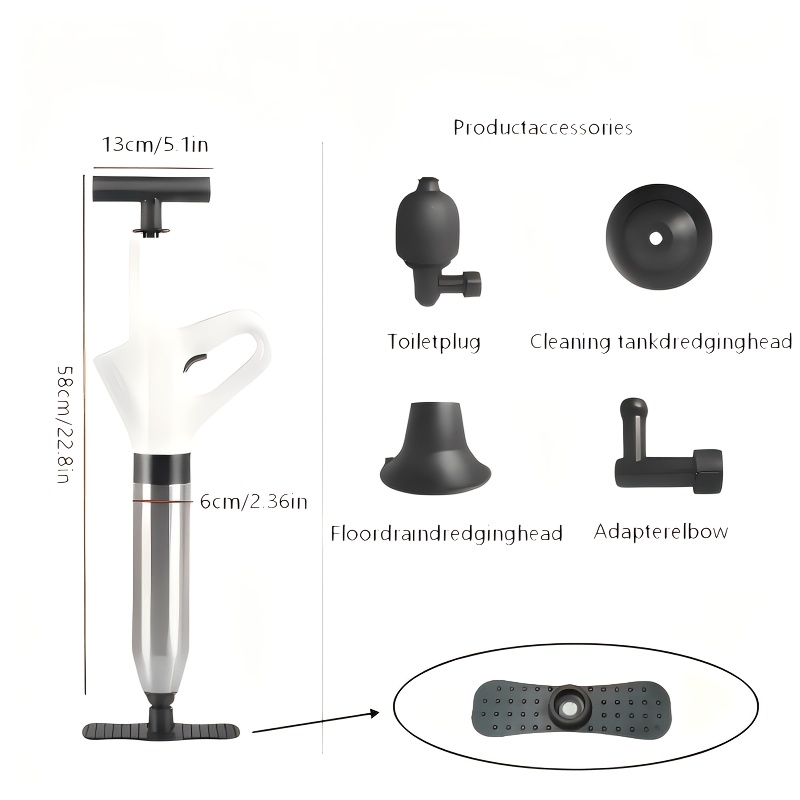 TEMU Kit de herramienta de limpieza de alcantarillado potente para uso doméstico y comercial, boquillas y manómetro, no requiere electricidad,