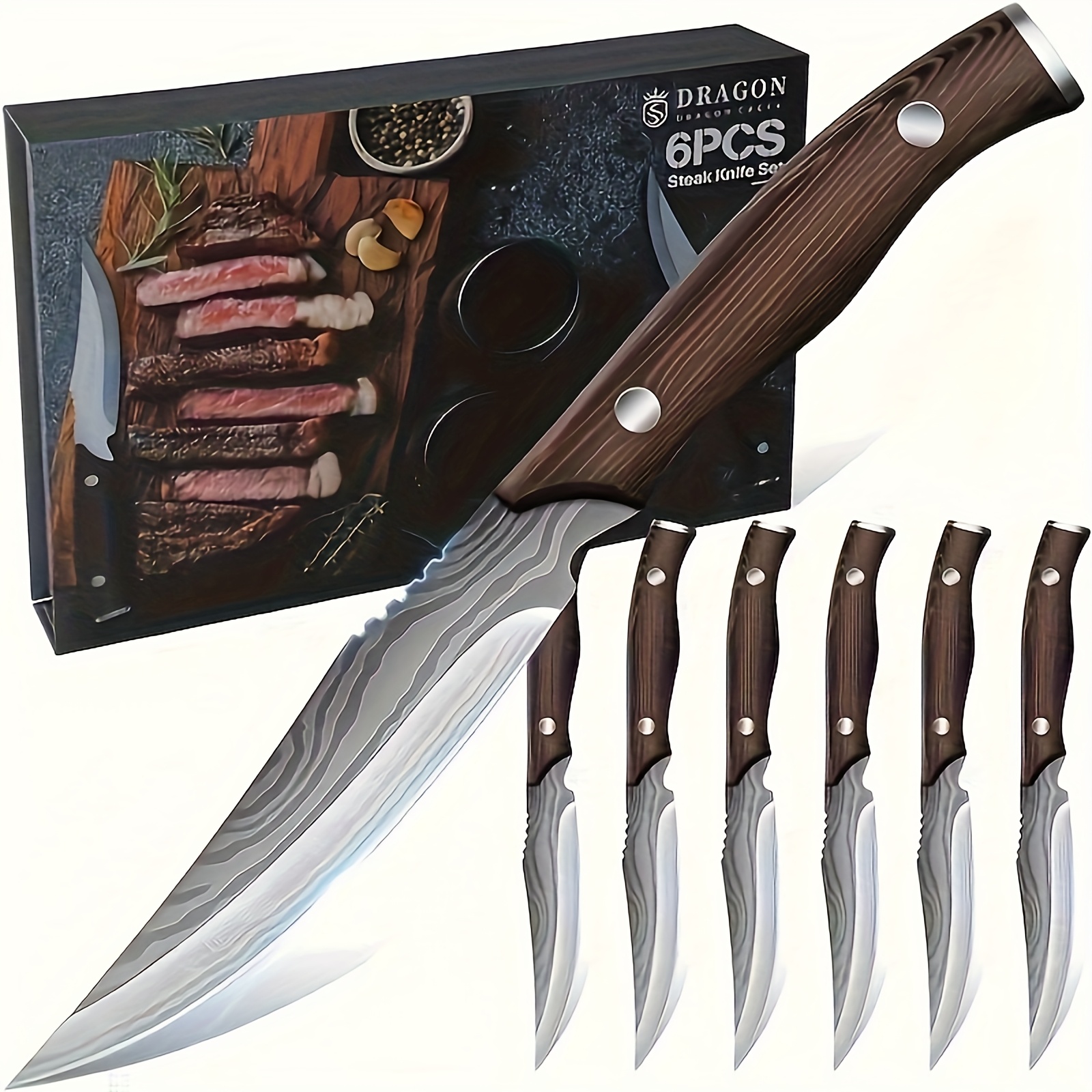TEMU 6pcs Steak Knives Set, 5 Inch Non-serrated Steak Knives, Steak Knife Set With Wooden Handle, Dinner Knives With Gift Box