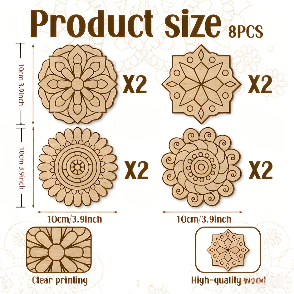 TEMU 8pcs Set, 3.9 X 3.9 Inches, Unfinished Mandala Coloring Diy Kit, Creative Craft Doodle Tool Kit, High-quality Materials, Clear Lines, Easy To