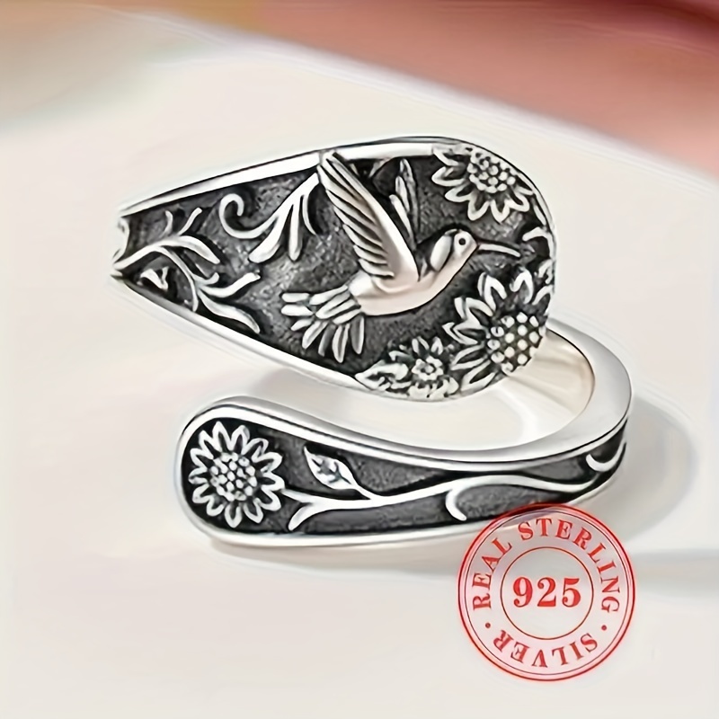 

925 Sterling Silvery Bohemian Bird Carving Ring, Open Adjustable Vintage Ring Jewelry Christmas Gift