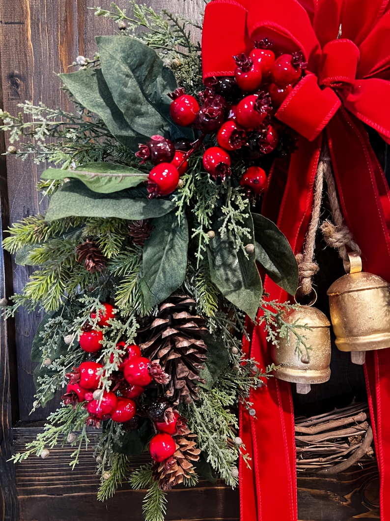 Large Rustic Farmhouse Christmas Wreath with Golden Bells, Red Berries & Pine Cones - Heavy-Duty Plastic /Outdoor Door Hanging Decoration, Burgundy Bow & Green Foliage for Front Door, Mantel, Year-Round Holiday Décor (Golden/Green)