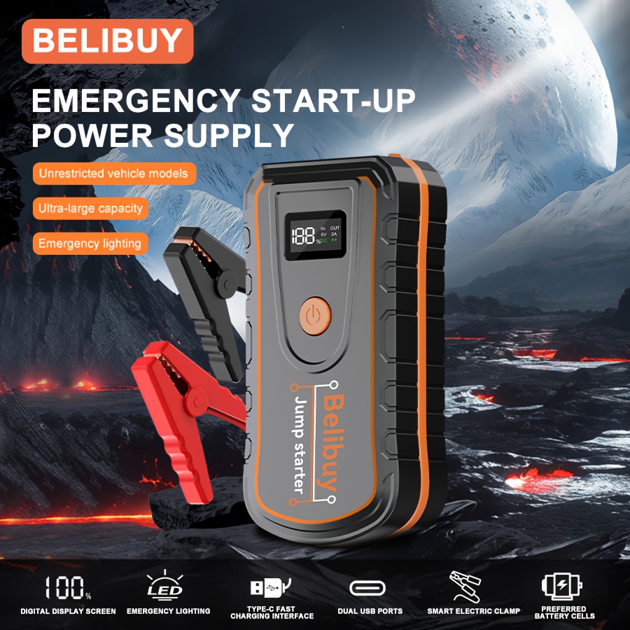 Démarreur d'urgence portable pour voiture - Chargement USB, batterie rechargeable | Conception en ABS noir, convient aux véhicules tout-terrain et aux aventures en plein air, alimentation de secours | Dispositif d'urgence compact | Structure robuste | Affichage numérique, charge rapide