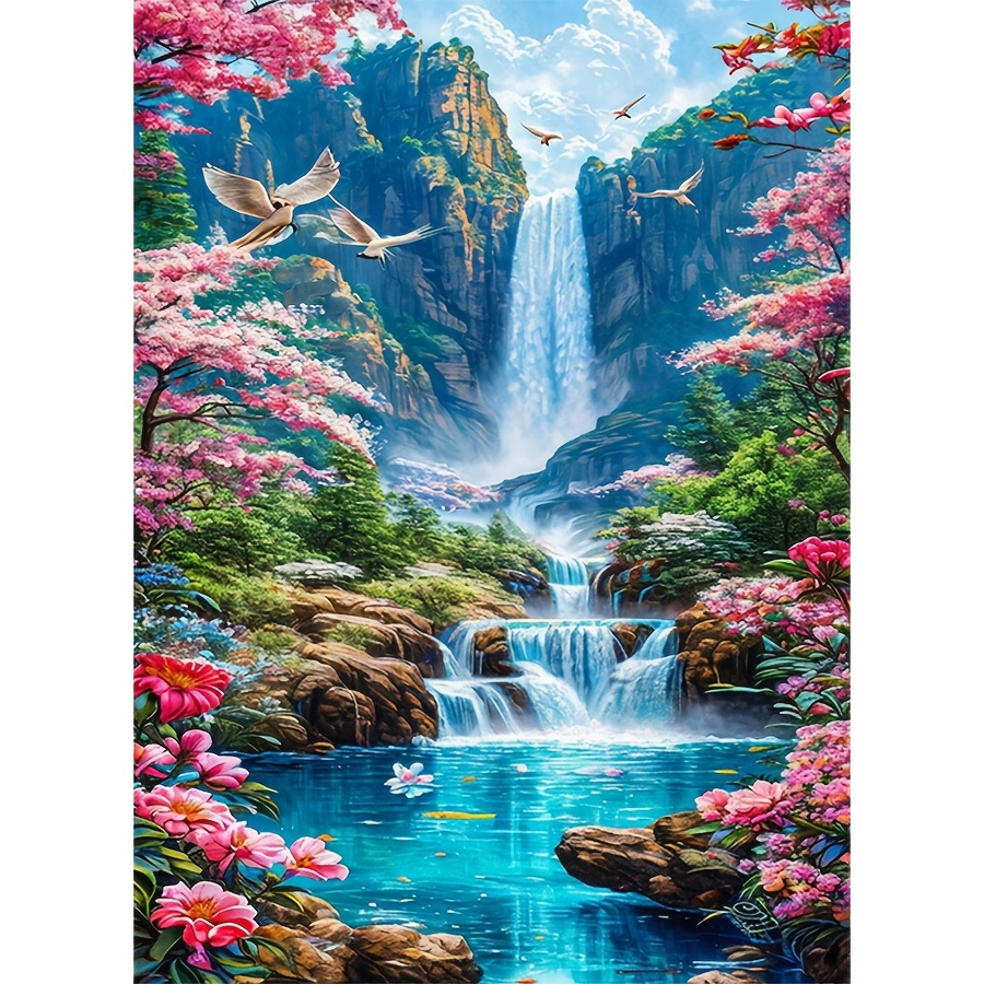 TEMU Kit de peinture diamant DIY 1 ensemble, perles rondes complètes, motif paysage de printemps avec fleurs et , ensemble de peinture diamant cadre,