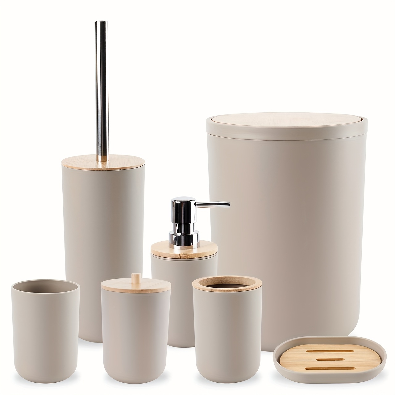 7pcs Bathroom And Toiletries Set, Including Dispenser Bottles, Soap Dish, Toilet Brush, Toothbrush Holder, Toothbrush Cup, Trash Can, Swab Jar Combination, Lid Design