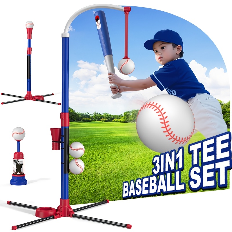 TEMU 3-in-1 Baseball Set For 3+ Years Old, Tee Ball Stand, Hanging Tee, Ball Launcher And 6 Softballs - Adjustable Height, Indoor/outdoor Sport Gifts