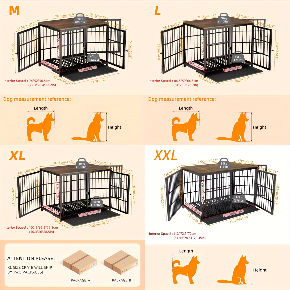 1pc Heavy Duty Multi-Size (M/L/XL/XXL) Metal & Wood Dog Crate Furniture End Table/Pet Cage with 3 Doors, Removable Tray - -Use Kennel for Large Dogs, TV Stand for Small/medium Pets, Space-Saving