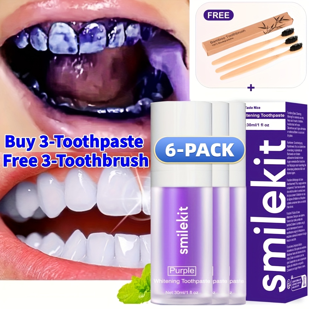 Exclusive Design, Buy Three Get Three Free, Deep Cleaning 30ml Mint Flavor Purple Toothpaste, Oral Care, Whitening Toothpaste, Teeth Whitening, Toothpaste + Toothbrush, Daily Use Whitening Toothpaste Toothbrush, 6-Pack Combo Deal, 3 Toothpaste + 3