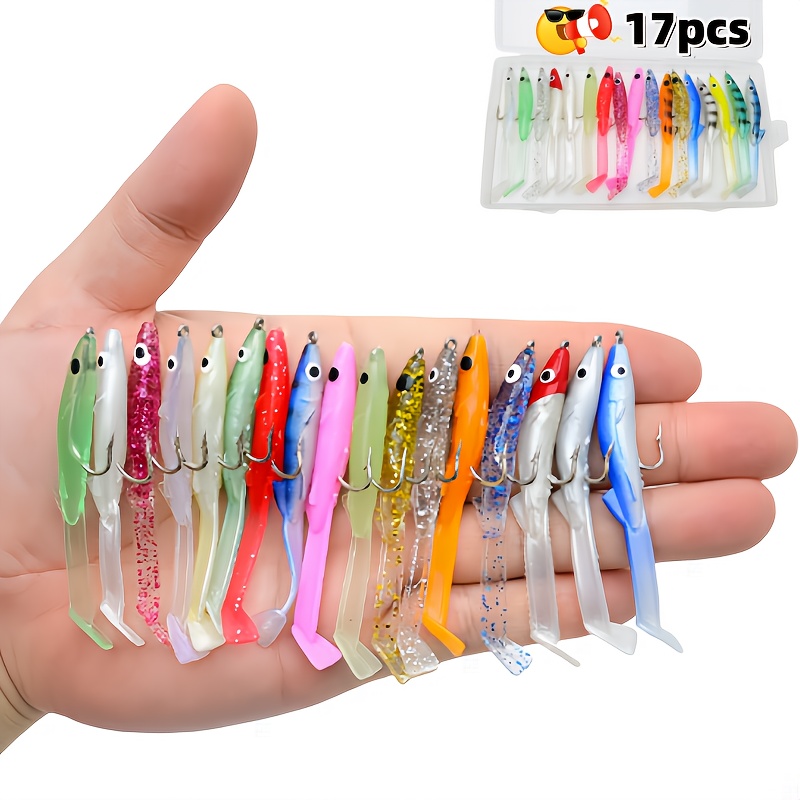 17 pezzi set di esche morbide in plastica con amo e barbetta, mini esca per anguilla colorata, ideale per la pesca in corso d'acqua, inclusa scatola porta attrezzi | ami esca | esca morbida in silicone