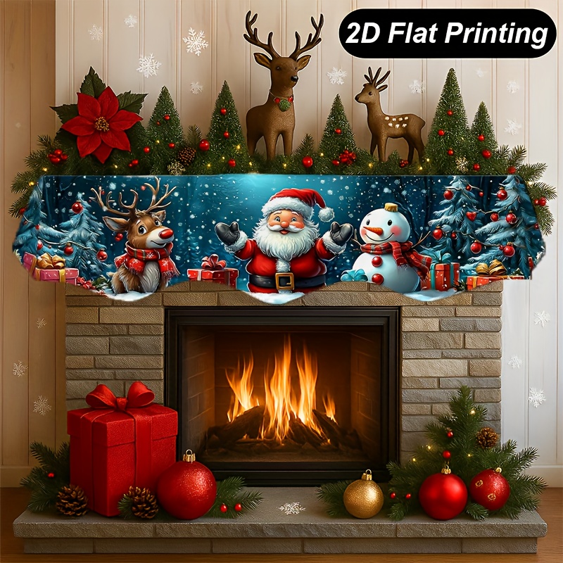 TEMU 1pc Extra Long Christmas Fireplace Mantel Scarf Table Runner - Elegant Fireplace Mantel Decoration With Santa, Reindeer, Snowman, Christmas Tree