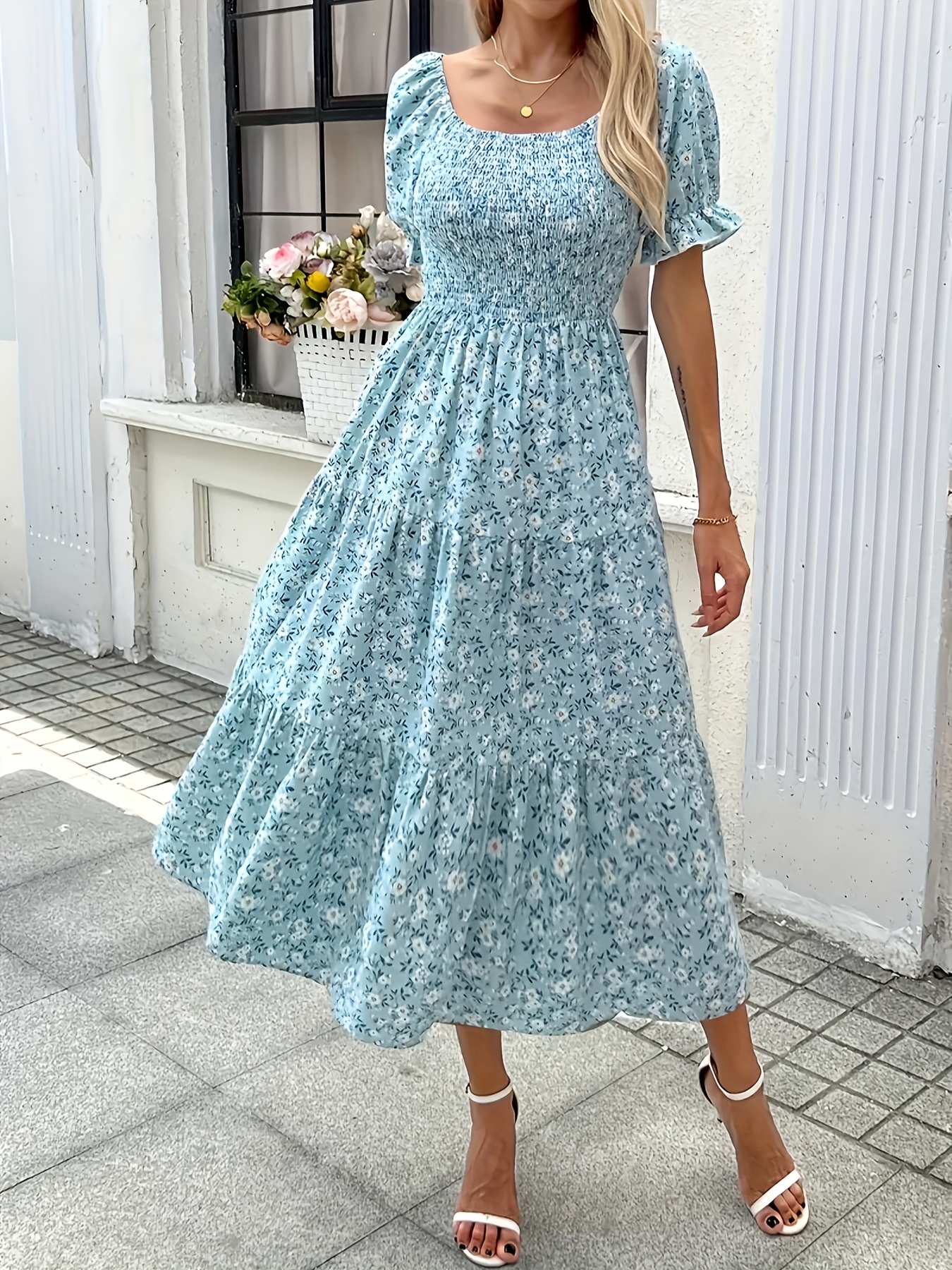 womens floral neck puff sleeve a line midi - Temu Oman