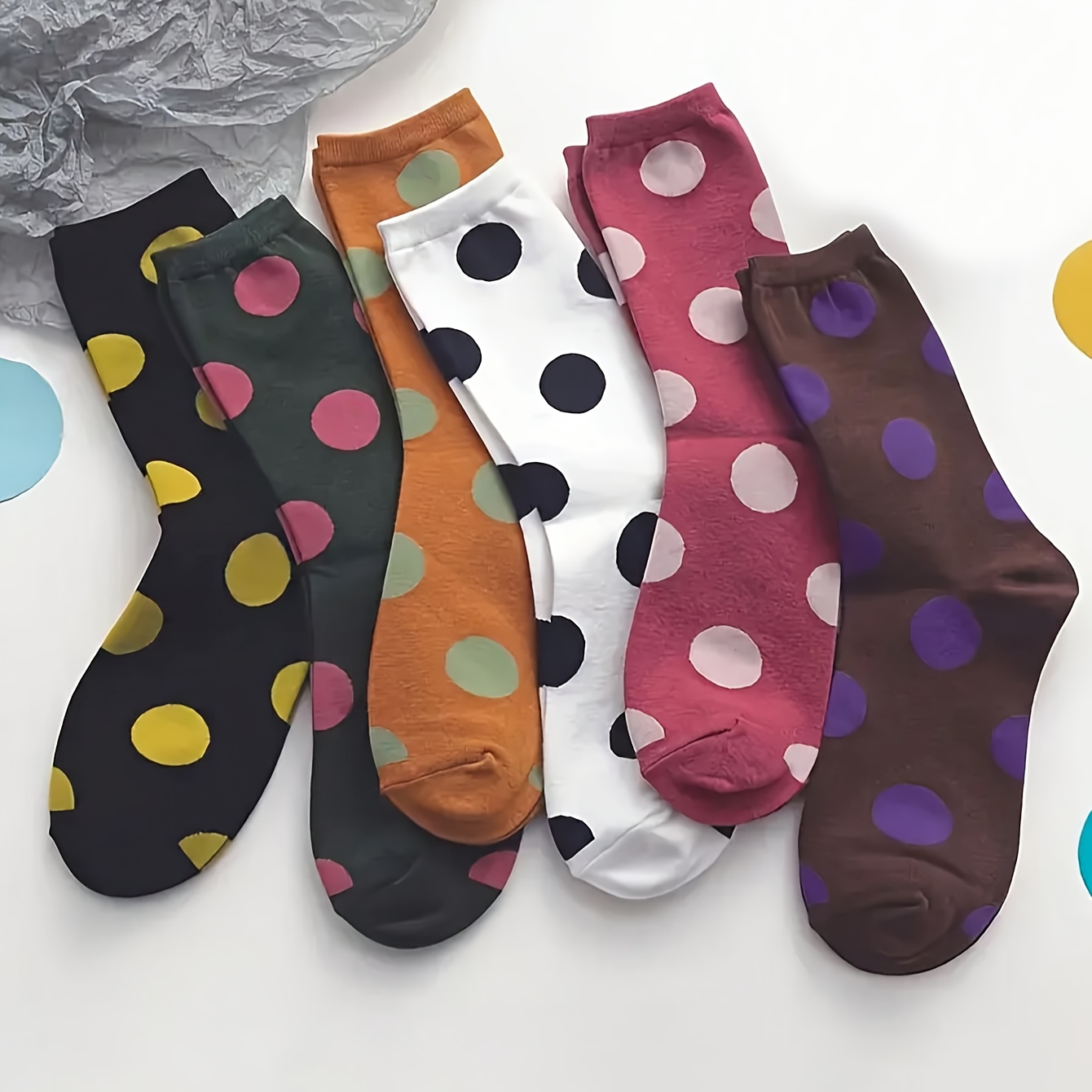 

Women's Elegant Knee-length Polka Dot Socks - 6 Pairs Of Breathable, Stylish & Comfortable Polyester Socks With Elastane, Machine Washable