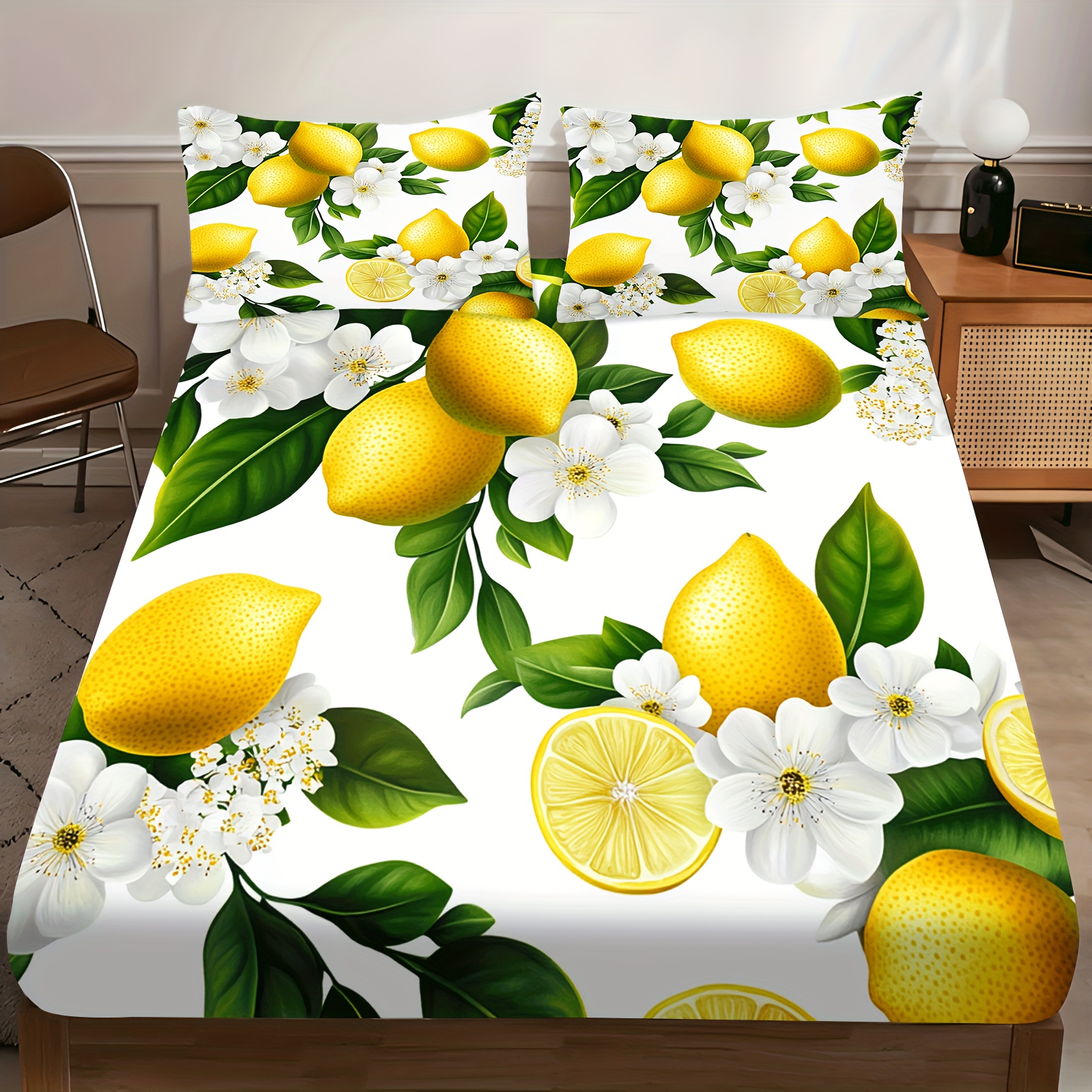 item picture 3pcs lemon print fitted sheet set yellow lemons with white flowers and green leaves breathable polyester machine washable for   ideal for bedroom     and more   1 fitted sheet and 2 pillowcases no mattress cor
