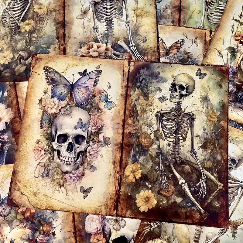 

10 Sheets Of Handmate Paper, Junk Journal Retro Halloween Skeleton Background Paper Art Garbage Hand Tent Collage Photography Decoration Materials