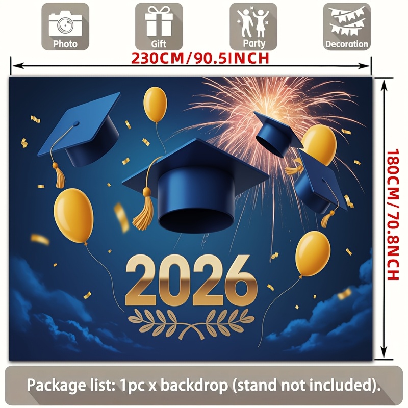 TEMU 2d Flat, [party Backdrop] 2d Flat Banner, 1pc Navy Blue Golden Graduation Cap Balloon 2026 Firework Backdrop Polyester Backdrop, For Party Decor