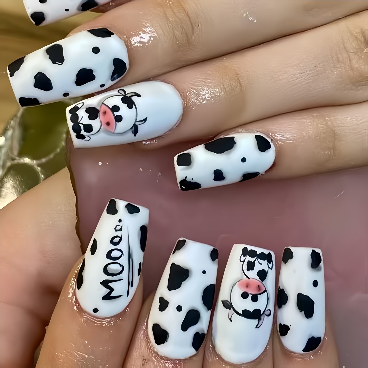 TEMU 24pcs Nail Set, Black And White With Cow Print, Stripes, And Letter , Medium-length Glossy Detachable Ballet--on Nails, Suitable For Daily Use,