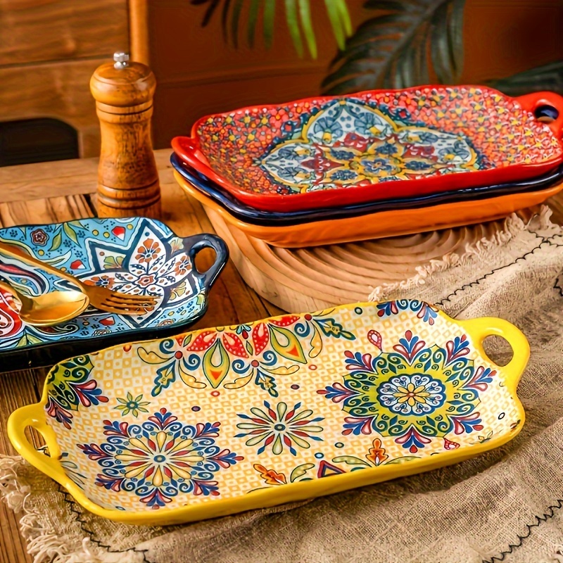 

4-piece Large Rectangular Bohemian Ceramic Fish Plate Set - High- For Home, Kitchen, And Restaurant Use - , Easy-to-clean, And Space-saving Design