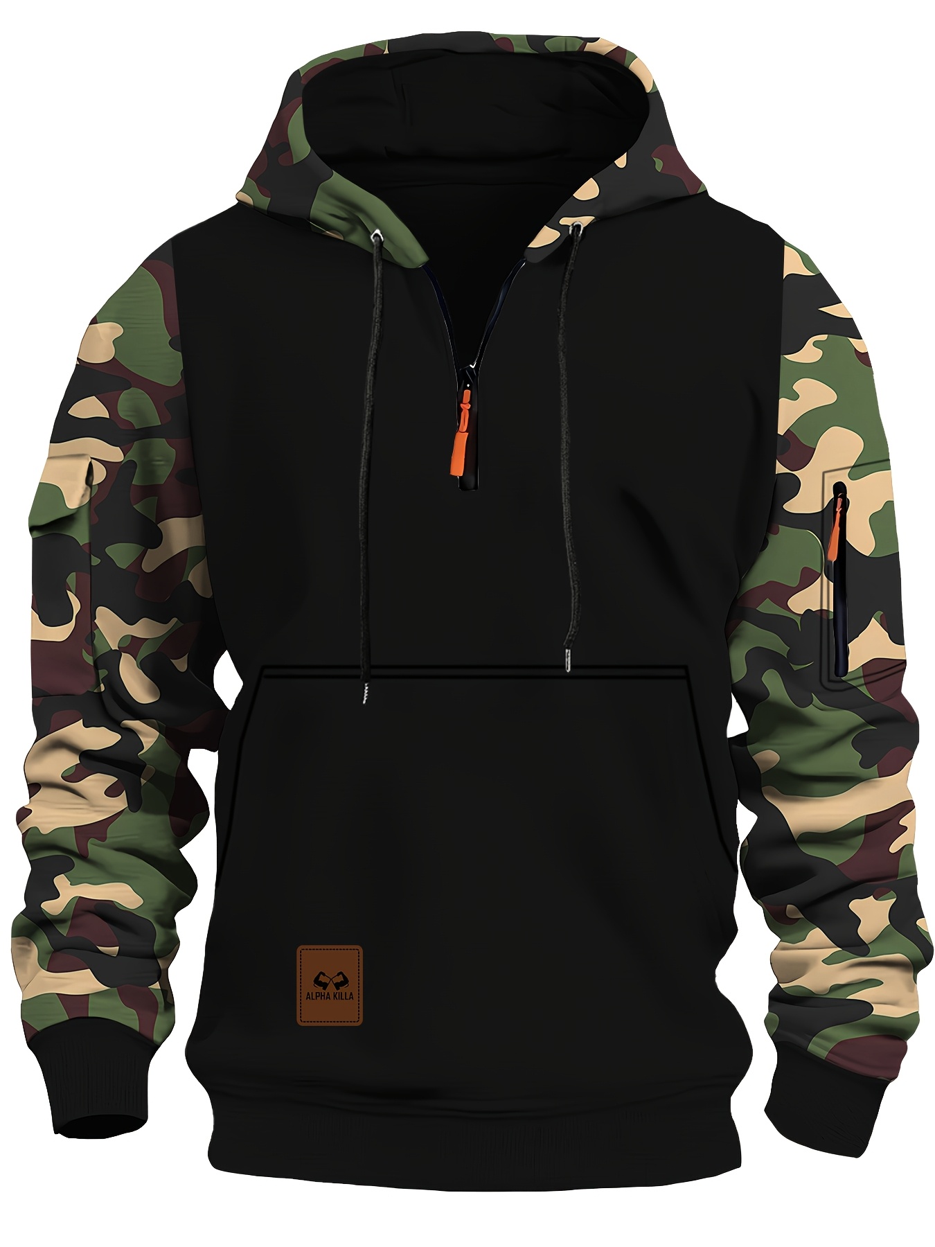 Herren Camo Halb-Reißverschluss Hoodie mit Kängurutasche Schwarz-Weißes  Tarnmuster, Langarm Freizeit-Sweatshirt für Herbst/Winter