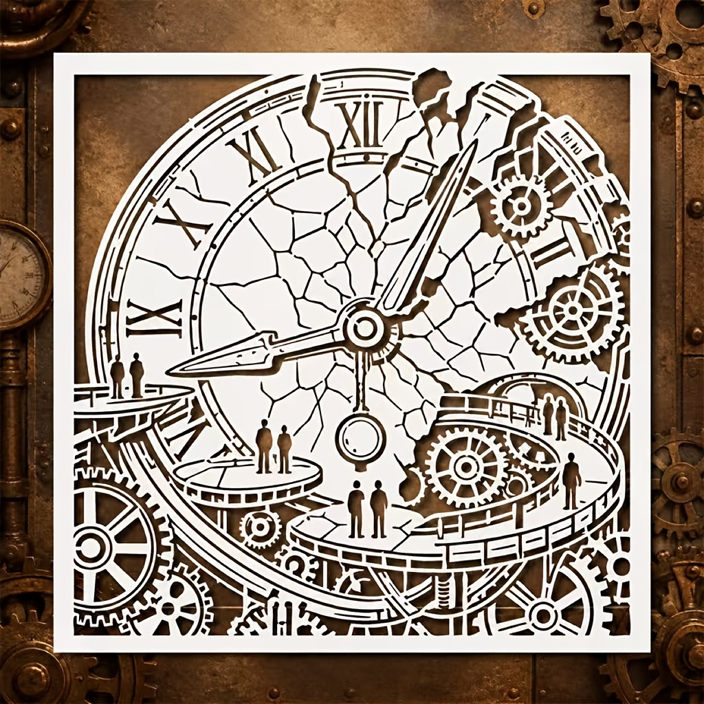 TEMU 1pc Reusable Steampunk Gear Stencil With Roman & Tiny Silhouette Figures - Suitable For Wood Signs, Canvas Fabric, Scrapbooking - Industrial