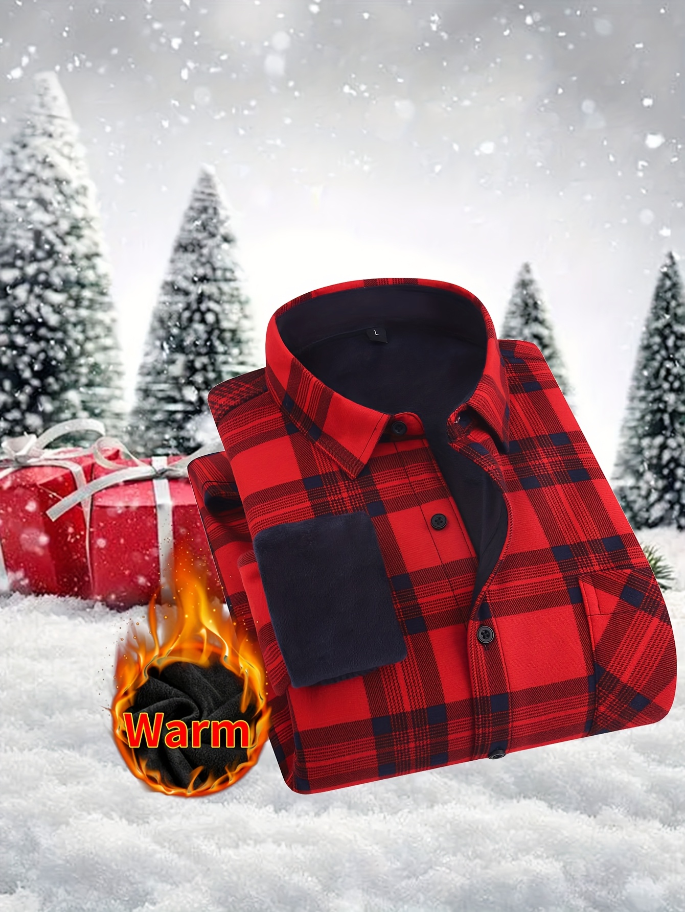 男士秋冬休闲时尚保暖衬衫，毛绒衬里，厚实，适合户外休闲活动，聚酯纤维，长袖，纽扣，秋冬小高领长袖衬衫 商品详情 2