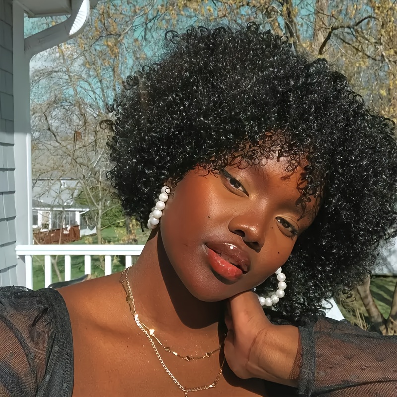 Chic Curly Pixie Cut Wig with Bangs - 180% Density 100% Human Hair, Glueless Design, Loose Curl Short Wig for Women, Rose Net Cap, Natural Look, Perfect for Everyday Style