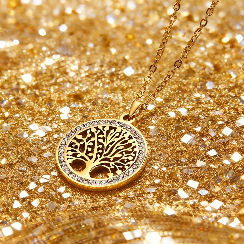 Image of Elegant Golden- Tree Of Life Pendant Necklace Accents - Easy Yet Sophisticated Stainless Steel Clavicle Chain, Ideal For Casual Attire & Gifting, Valentine's Day Accessory