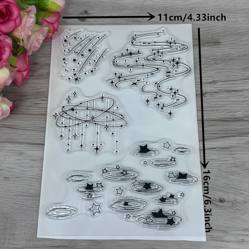Materials For A Transparent Starry Sky With Raindrop Decorations, Including Pattern Stamps For Card Making And Clear Seals For Scrapbooking